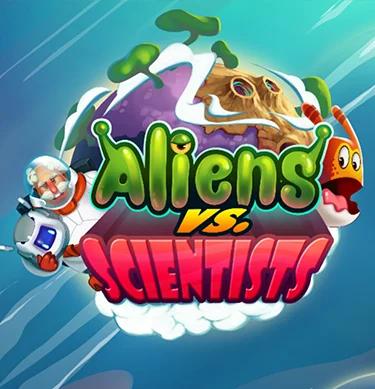 Aliens vs. Scientists' game with animated characters on a fantasy planet.