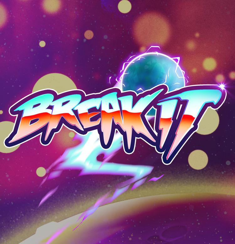 Break It' arcade-style space game with vibrant neon colors, planets, and a glowing title logo.