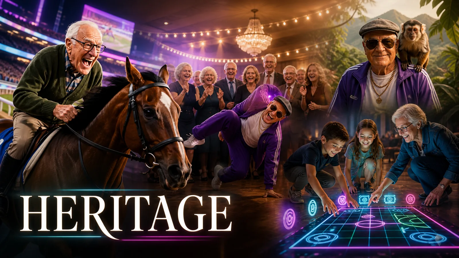 Heritage AI comedy series residents racing, dancing, traveling, and playing EyeClick games