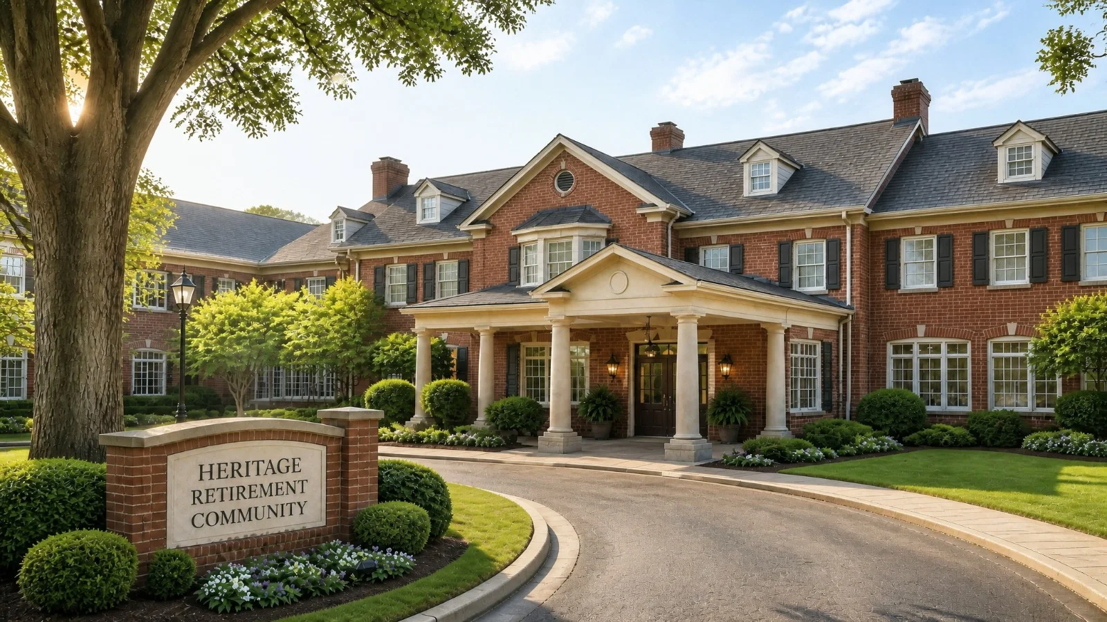 AI-generated exterior of the fictional Heritage Retirement Community
