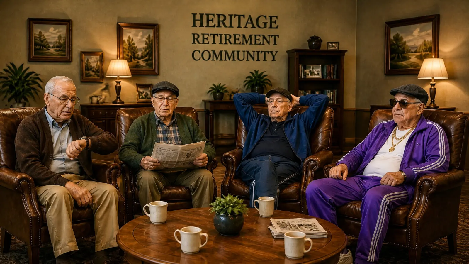 AI-generated fictional Heritage residents sitting together in a lounge