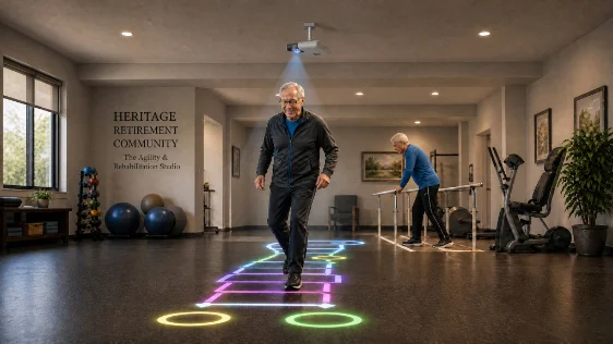 AI-generated Heritage activity room with an interactive movement course projected on the floor