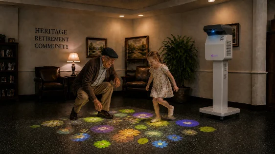 AI-generated Heritage family lounge where a resident and child play on an interactive floor