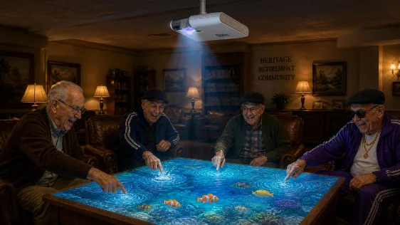 AI-generated Heritage lounge with an interactive ocean scene projected for a group of residents